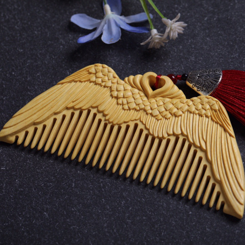 Angel Wings Pattern Carved Boxwood Combs Hand Polished Wooden Crafts Gifts for Girlfriends