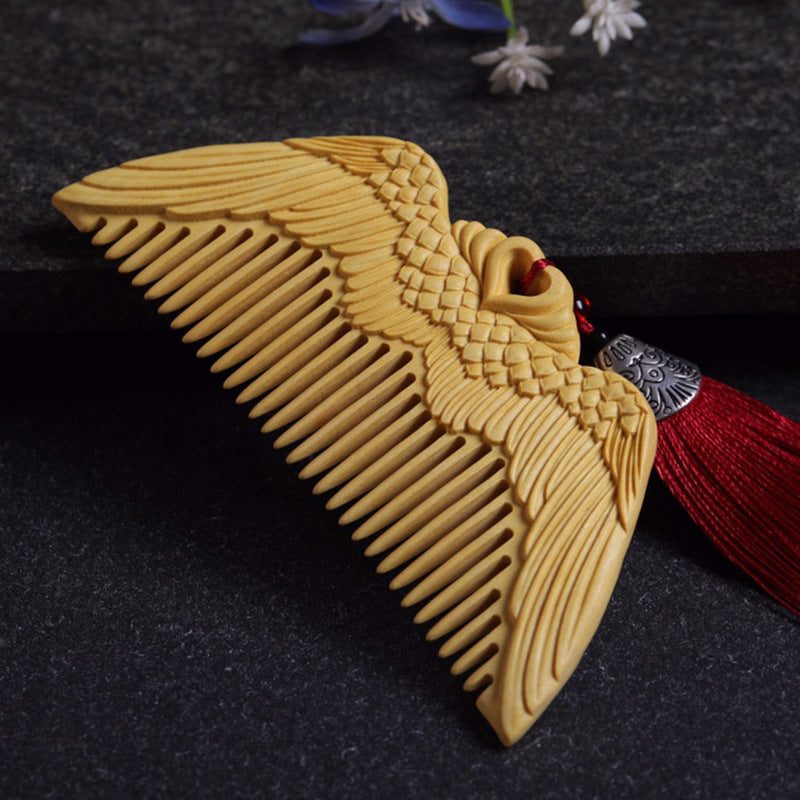 Angel Wings Pattern Carved Boxwood Combs Hand Polished Wooden Crafts Gifts for Girlfriends