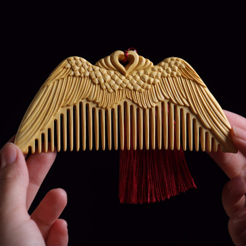 Angel Wings Pattern Carved Boxwood Combs Hand Polished Wooden Crafts Gifts for Girlfriends